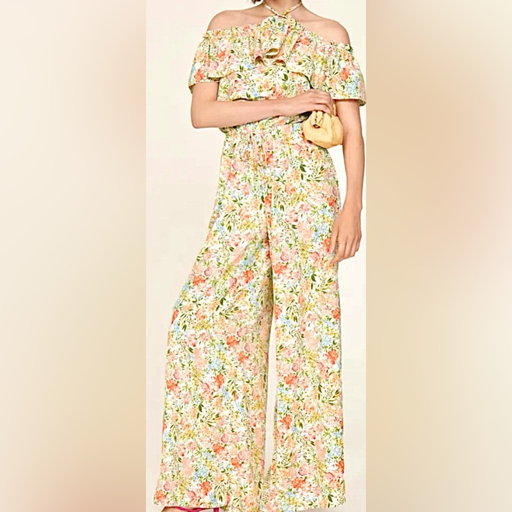 Louna Off-Shoulder Halter Pastel Floral Jumpsuit: Size M